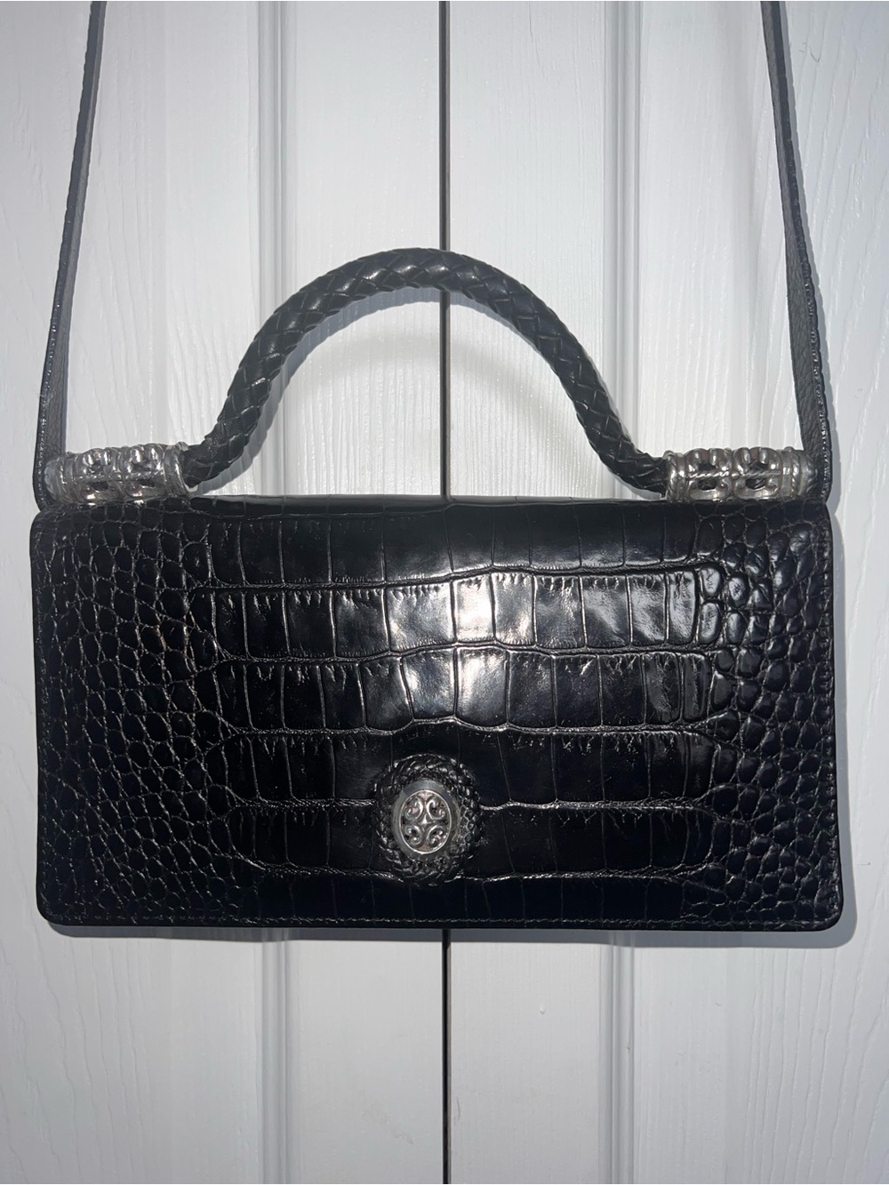 Vintage Brighton Croc Embossed Leather Purse w/Silver Accents & Removable Strap